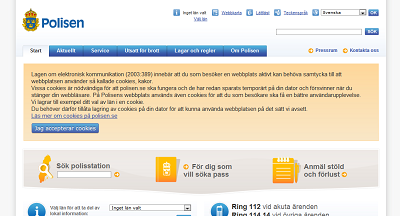 Screenshot of polisen.se featuring opt-in banner screenshot of polisen.se showing a large cookie opt in banner