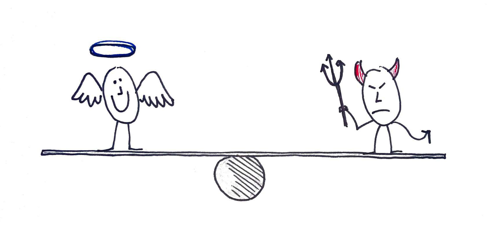 Cartoon drawing of an angel and a devil balanced on a see-saw