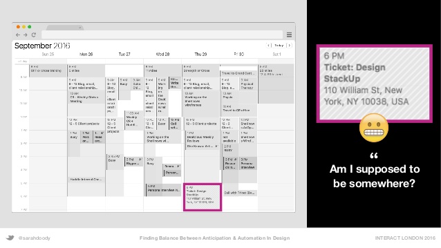 A slide from Sarah's presentation showing her calendar and the mysterious tentative appointment